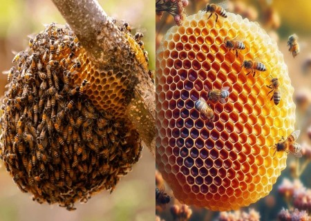 தேனடையில் தான் தேனீக்கள், தேனை சேமித்து வைக்கும்.