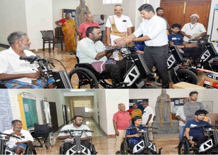 மாற்றுத்திறனாளிகளுக்கு  உதவி உபகரணங்களை மாவட்ட ஆட்சித்தலைவர் அவர்கள் வழங்கினார்.