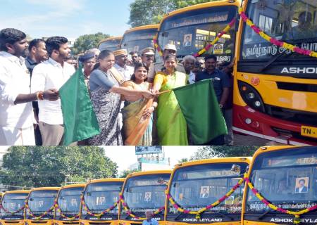 தொழில், முதலீட்டு ஊக்குவிப்பு மற்றும் வர்த்தகத்துறை அமைச்சர் அவர்கள் மற்றும்  சமூக நலன் மற்றும் மகளிர் உரிமைத் துறை அமைச்சர்  அவர்கள் ஆகியோர் புதிய நகரப்பேருந்து சேவைகளை தொடங்கி வைத்தனர்.