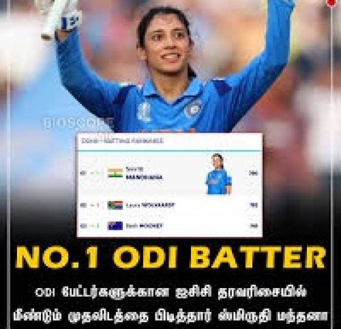 சர்வதேச கிரிக்கெட் கவுன்சில் (ஐ.சி.சி.,) சார்பில், பேட்டர் தரவரிசையில் இந்தியாவின் துவக்க வீராங்கனை ஸ்மிருதி மந்தனா ‘ நம்பர்-1’ இடத்தில் நீடிக்கிறார்.